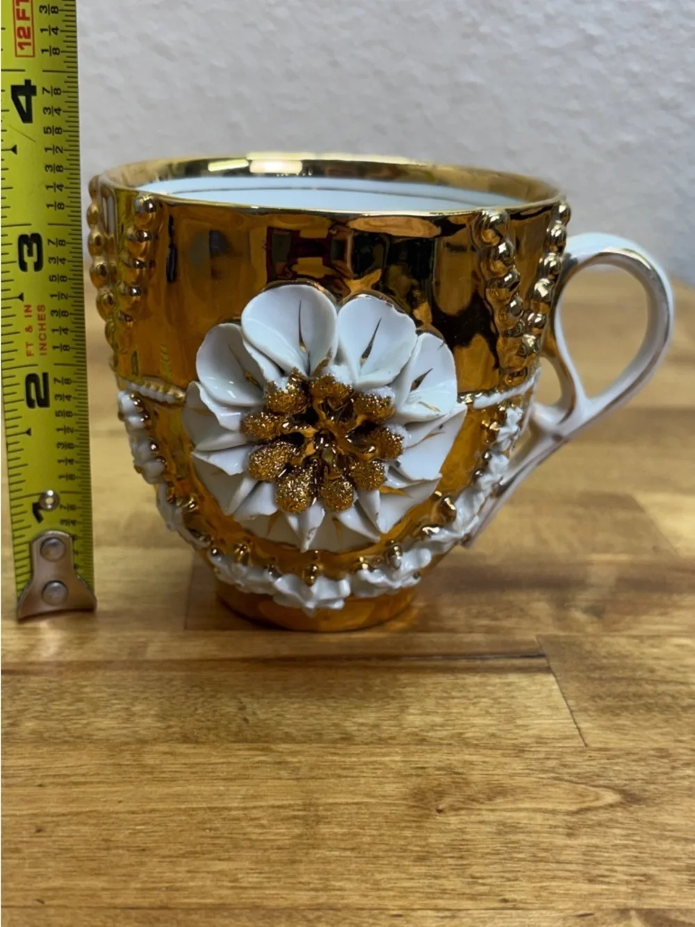 Antique German Gold Luster Mustache Cup & Tea Cup Set 3D Applied Flower 1890s